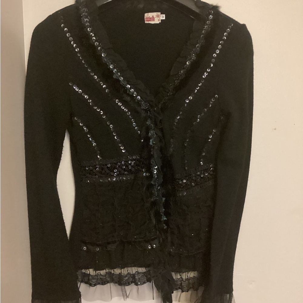 SAN JOY Black Beaded and Lace with fax fur around the collar sweater